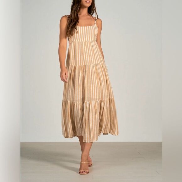 Elan Dresses & Skirts - NWT Elan Curry Stripe Linen Blend Midi Dress in Tan and Cream Stripe Size M